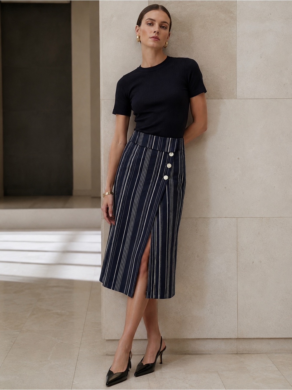 Robert Rodriguez Pinstripe Asymmetrical Wrap Skirt in Navy